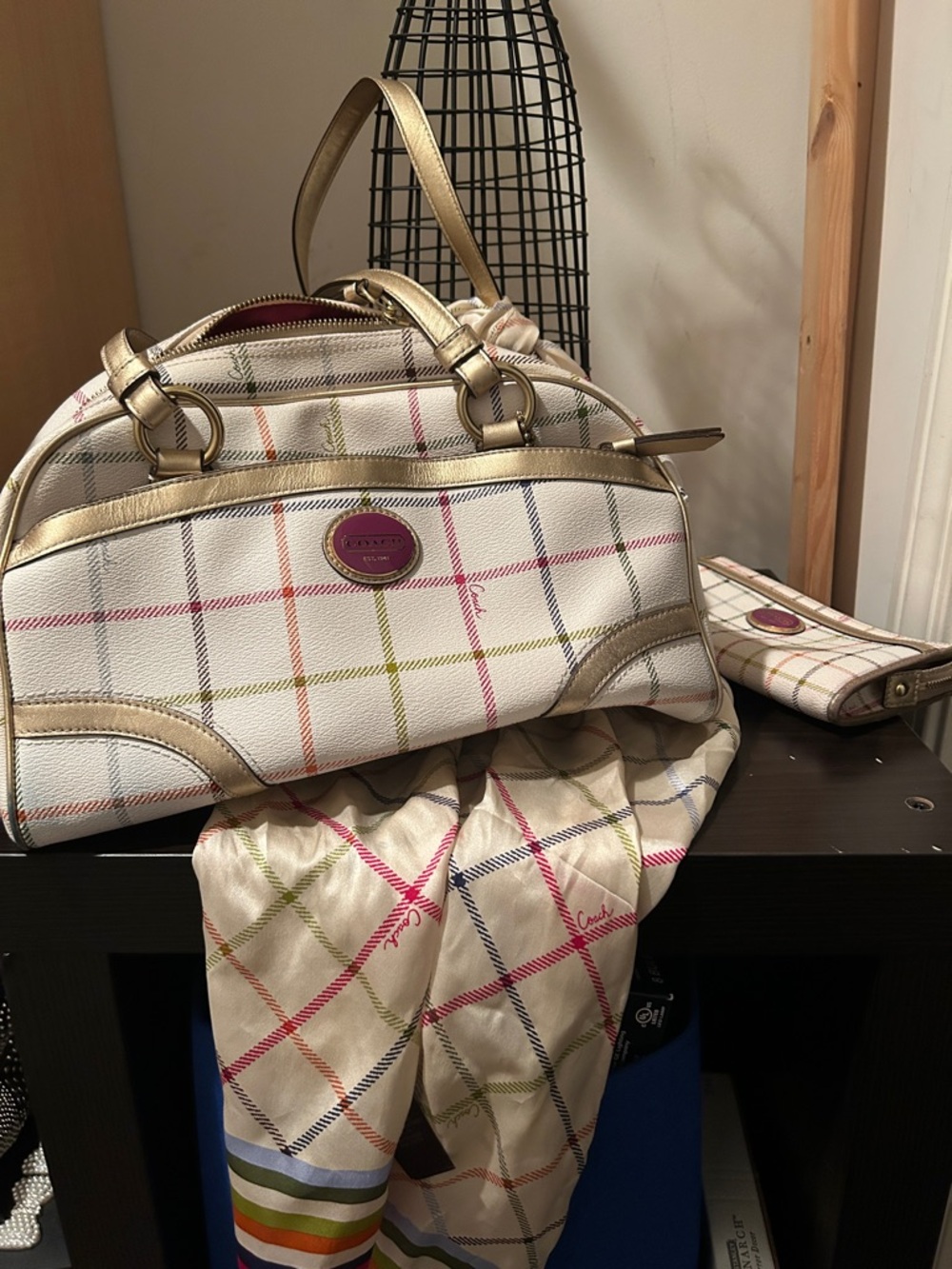 Coach White Multicolor Plaid Satchel with Gold Trim+ Coach Scarf and Coach Walle